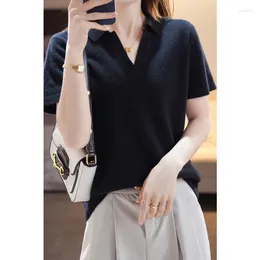 Women's T Shirts Polo Collar Cashmere Sweater Short Sleeve Loose Top 100 Pure Wool Knitted Shirt Solid Colour Neck T-shirt Coat