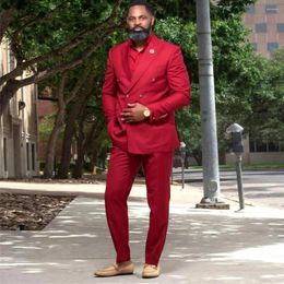 Men's Suits Red Solid Color Peaked Lapel Double Breasted Regular Length Prom Party Costume Slim Fit 2 Piece Jacket Pants Set