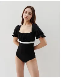 Women's Swimwear High Waist One Piece Swimsuit Women Black Short Sleeves Monokini Swim Suit