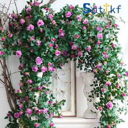 175cm69in Artificial flowers rose Plants vineHanging Silk Garland Green Plant Home Garden Wall Fence Wedding Birthday Decor 240127