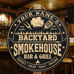 Personalised Name Backyard Wooden Sign Smokehouse Bar Grill Plate Plaque for Home Kitchen Wall Door Decoration 20/30/40cm 240130