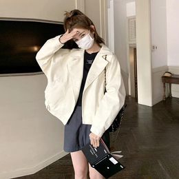 Women's Jackets Milk White Motorcycle Design PU Leather Jacket Outerwear 2024 Spring Women Streetwear Hip Hop Trendy Loose Coat Girls 0855