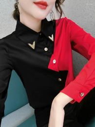 Women's Blouses Vintage Shirt Women Elegant Office Ladies Y2k Korean Style Long Sleeve Oversize Patchwork Casual Tops Female