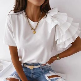 Fashion blouse women elegant white Solid Color Layered Ruffle Short Sleeve Asymmetric Loose Tshirt Top for Summer Women Blouses 240125
