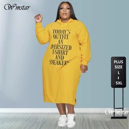 Plus Size Dress L-5xl Women Hoodies Letter Print Loose Casual Dress Pockets Winter Clothes Maxi Dresses Wholesale Drop 240129