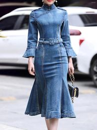 Casual Dresses Women Solid Stand Collar Ruffle 3/4 Sleeve Mermaid Hem Midi Denim Bodycon Dress Fashion Long Vestido