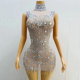 Stage Wear Full Rhinestones Fringed Dress Women Party Evening Dresses Birthday Celebrate Costume Singer Festival Outfit XS7087