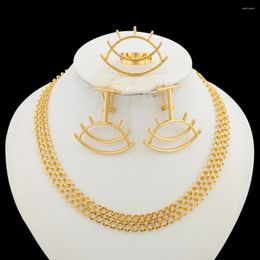 Necklace Earrings Set Exaggerate Gold Color Jewelry For Women African Dubai Long And Choker With Ring 3Pcs Party Bride
