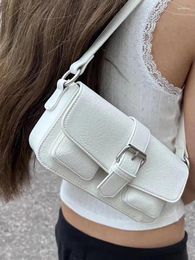School Bags Casual Women White Buckle Underarm Bag 2024 High Quality PU Vintage Handbags Female Zipper-up Solid Color Shoulder