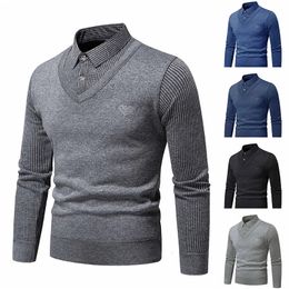 Autumn and Winter Mens Fake Two Piece Sweater with Fleece Slim Fit Polo Collar Knitted Bottom Shirt Thickened Warm 240123