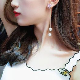 Dangle Earrings Fashion Pink Flower Long For Women Simulated Pearl Tassels Drop Sweet Oorbellen Gift Jewellery