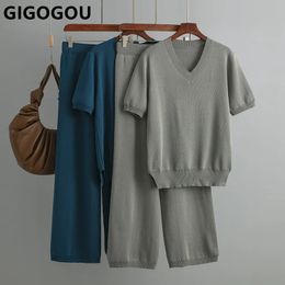 GIGOGOU Basic V Neck Spring Summer Women T Shirt Set Fashion Knit Loose Casual Two Piece Short Sleeves Tracksuit Ladys Pant Suit 240130