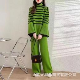 Women's Two Piece Pants Autumn And Winter Set For Women Turtleneck Sweater Loose Stripes Tops Pant Sets Lazy Wide Leg
