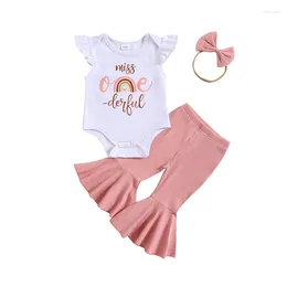 Clothing Sets 3Pcs Baby Girl 1st Birthday Outfit Onederful Short Sleeve Romper T-Shirt Tops Bell Bottom Pants Set Summer Clothes