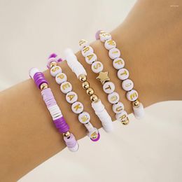 Charm Bracelets 5Pcs/Set Boho Fashion Purple Polymer Clay Letter Bracelet For Women Elastic Strand Beads Chain Jewelry Accessories