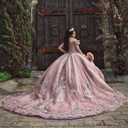 Pink Shiny Off Shoulder Ball Gown Quinceanera Dresses Tulle Gold Lace Beaded Appliques Sweet 16 Dress Vestido De 15 Anos Party Dress