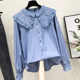 Women Chic Peter Pan Collar Shirts Korean Style Trendy Girl Cute Sweet Ruffles Lolita Lace Blouse Kawaii Lovely Daily Streetwear 240126