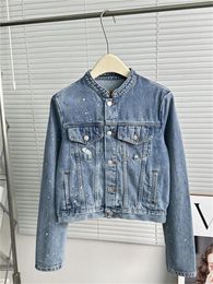 Women's Jackets Women Denim Jacket Spring 2024 Speckle Printing O-Neck Ladies Single Breasted Long Sleeve Vintage Short Coat