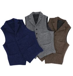 Mens Vest Classic Brown Suit Wool Tweed Notch Lapel Waistcoat Herringbone Groomsmen Winter Coat For Wedding 240130