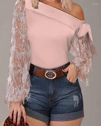 Women's T Shirts 2024 Spring Autumn Contrast Sequin Tassel Design Skew Neck Top One Shoulder Long Sleeve Sexy Skinny Blouse Streetwear