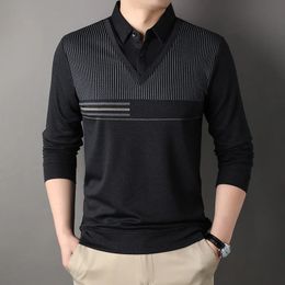 Spring and Autumn Men's Pullover Polo Collar Stripe Contrast Button Solid Fake Two Piece Long Sleeve Tshirt Bottom Tops 240129