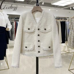 Women Elegant Tassel Tweed Jacket French Style VNeck Cropped Coat Office Lady Spring Autumn Wool Blend Vintage Chaquetas Casual 240118