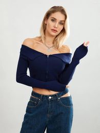 Women's T Shirts Knit Crop Tops For Women Long Sleeve Off Shoulder Boat Neck Solid Colour T-Shirts Spring Zipper Streetwear