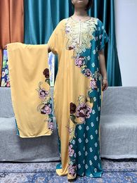 Ethnic Clothing Abayas For Women Appliques Cotton Printed Floral Short Sleeves Loose Fit Femme Robe African Islam Turkey Dresses With Turban