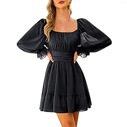 Casual Dresses Women Vintage Long Sleeve Square Neck Frilled Backless Slim Mid-Length Chiffon Dress Ladies Birthday Party Clothing