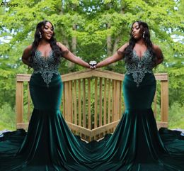 Dark Green Velvet Prom Dresses Aso Ebi Sequins Beaded Long Mermaid Formal Party Gowns Aso Ebi Plus Size Slim and Flare Women Second Reception Evening Dress CL3292