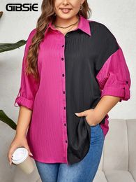 GIBSIE Plus Size Drop Shoulder Roll up Long Sleeve Shirt Women Spring Fall Colorblock Loose Casual Button Down Blouses Tops 240130