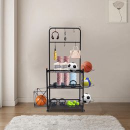 Hooks 3 Tiers Movable Garage Storage Stand Sports Equipment Rack With 6Hanging