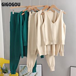 GIGOGOU Spring Autumn 3 Piece Women Cardigan Tracksuits Fashion Knitted Pocket Pant Set Ladies Sweater Suit 240202