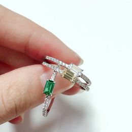 Cluster Rings 14K Female Ring Gorgeous 0.5Ct Emerald Cut Three Colour Diamond White Gold Clear & Green Yellow 165