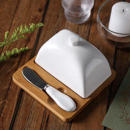Plates Butter Box Ceramic Plate Bamboo With Cover Dish Lid Knife Western Cheese Container
