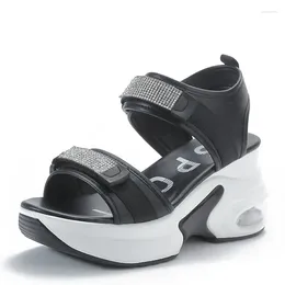 Sandals 8cm Genuine Leather Women Summer Casual Hook Loop High Heels Shoes Rubber Sole Ladies Sandal