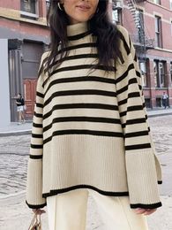 Black And White Stripe Sweater Streetwear Loose Tops Women Pullover Female Jumper Long Sleeve Turtleneck Knitted Ribbed Sweaters 240130