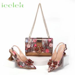 Italian Design Girly Style Coffee Colour Pointed Toe Wedding Shoes And Bag Full Diamond Decoration Metal Closure 240130