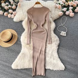 Winter Women Knit Maxi Dress O Neck Autumn Long Sleeve Slim Solid Harajuku Ladies Fashion Pencil Sweater Long Dresses 240126