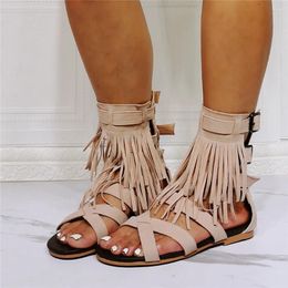 Sandals Shoes For Women 2024 Flat Open Toe Low Heels Cross Strap Slippers Fringe Decor Roman Zapatos Multi Layer Sandalias Mujer