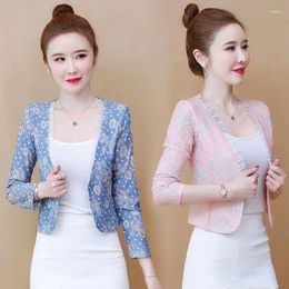 Women's Suits S-4XL Women Lace Jacket Thin Short Cardigan Three Quarter Sleeve Slim Spring Summer Autumn Casual Plus Size Blue Pink Beige