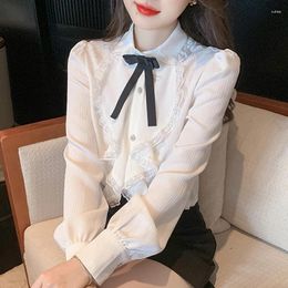 Women's Blouses 2024 Spring Women White Shirt Turn Down Collar Lace Patchwork Chiffon Blouse Bowknot Office Lady Ruffles Tops