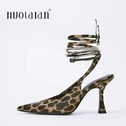 Leopard Sexy Heels Women Pumps Laceup Pointed Toe Thin High Slingback Lady Ankle Strap Party Shoes Female 240119