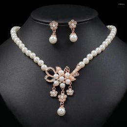 Necklace Earrings Set 1 Women Beaded Glossy Faux Pearls Rhinestone Embedded Flower Bride Stud Kit Wedding Jewelry