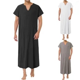 Ethnic Clothing Men's Jubba Thobe V-neck Kaftan Muslim Arab Islamic Short Sleeve Cotton Long Linen Robes Solid Colour Arabia Man Abaya