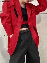 INCERUN Men Blazer Solid Colour Lapel Long Sleeve Streetwear One Button Fashion Casual Suits Hollow Out Irregular Coats 240124