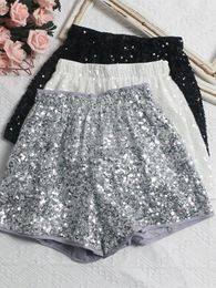 Women's Shorts Sequin Lined Women Streatwear Party Night Elastic High Waist Wide Leg Female Loose Sparkling Casual Solid Pants