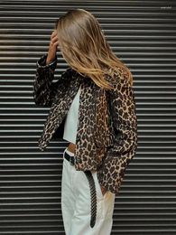 Women's Jackets Leopard Print Long Sleeve Bomber Jacket Casual Lapel Single Breasted Short Coat Elegant Winter Warm Outwear