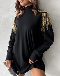 New Fashion Womens 2024 Early Spring Casual Simple Dress High Neck Long Sleeve Angel Wings Pattern Contrast Sequin Casual Dress 240210