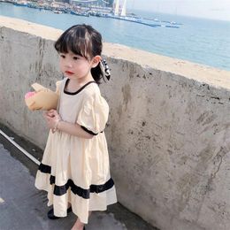 Girl Dresses 2024 Summer Baby Girls Short Sleeve Childen Cotton Beige Cute Robe Infant Korean One Piece Dress Kids Plus Size Clothing